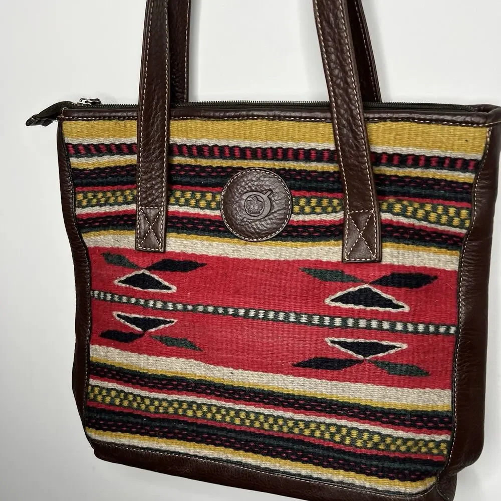Born Wool Leather Tote Bag Southwestern Boho Aztec Pattern Shoulder‎ Purse